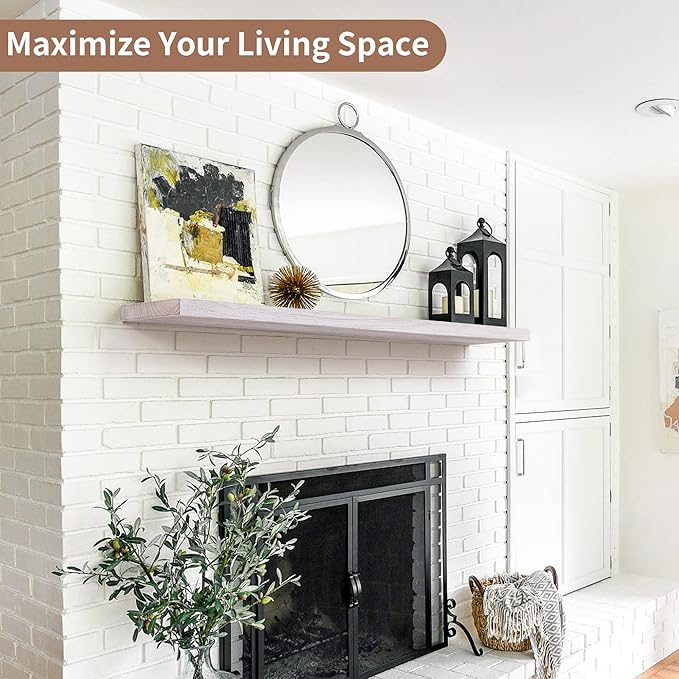 Axeman Floating Shelves for Wall, Rustic Elm Wood 48''W x 8" D Wall Shelf with Invisible Bracket, Large Long Wall Mounted Storage Shelves for Living Room, Bedroom, Kitchen, Bathroom Decor, White Wash