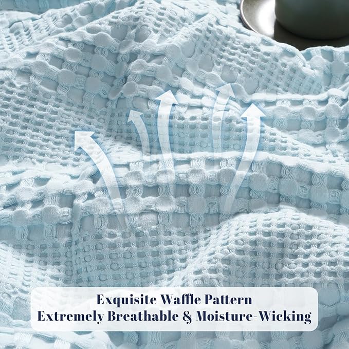PHF Cooling Waffle Blanket Queen Size,Lightweight 60% Rayon Derived from Bamboo & 40% Cotton Breathable Blanket for Hot Sleepers, Soft and Luxury for Bed Couch and Sofa, 90"x90",Sky Blue