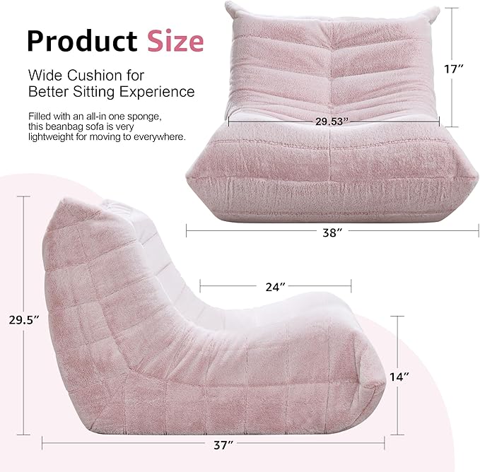 Bean Bag Chairs for Adults Giant Bean Bag Chair Memory Foam BeanBag Chair Big Bean Bag Sofa with Filler Faux Fur Fireside Beanbags Lazy Sofa for Living Room Bedroom Dorm Office (Pink Plush)