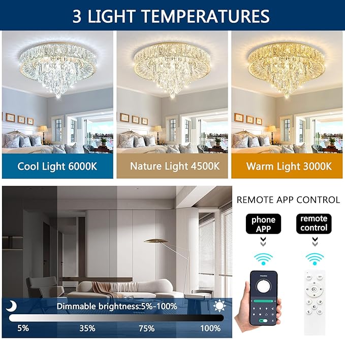 Modern Crystal Chandeliers for Dining Room LED Light Fixture Close to Ceiling Chandelier Flush Mount Ceiling Light Dimmable Lamp with Remote for Living Room Bedroom Hallway