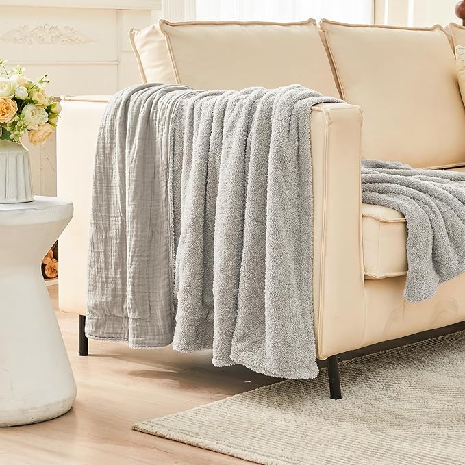 EMME Muslin and Fleece Queen Blanket Reversible - 80"*90" Grey Soft Warm Throw Blankets for Couch Bed Picnic Travel Bed