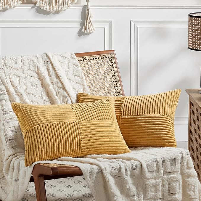 Fancy Homi 2 Packs Gold Yellow Lumbar Decorative Throw Pillow Covers 14x24 Inch for Couch Bed Sofa, Rustic Farmhouse Boho Spring Home Decor, Soft Striped Corduroy Rectangle Accent Cushion Case 35x60cm
