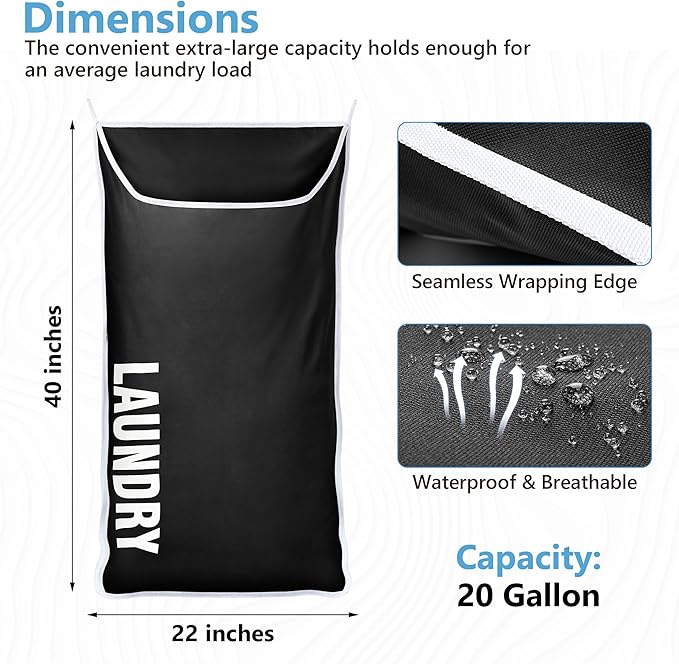 Hanging Laundry Hamper Bag XL 40x22", Space Saving over the Door Storage Bags, Behind the Door Hampers for Dirty Clothes & Wall Mounted Basket for Bathroom, Organizer for Small Room Spaces RV