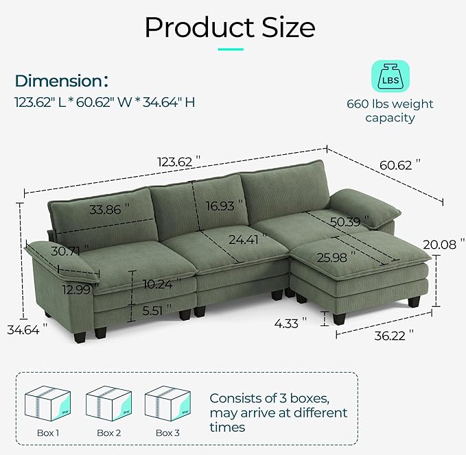 LINSY HOME Modular Sectional Sofa - 123'' Oversized Corduroy Cloud Couch L Shaped Couch with Movable Ottoman Soft Modern Comfy Sofa for Living Room Apartment Office, Green