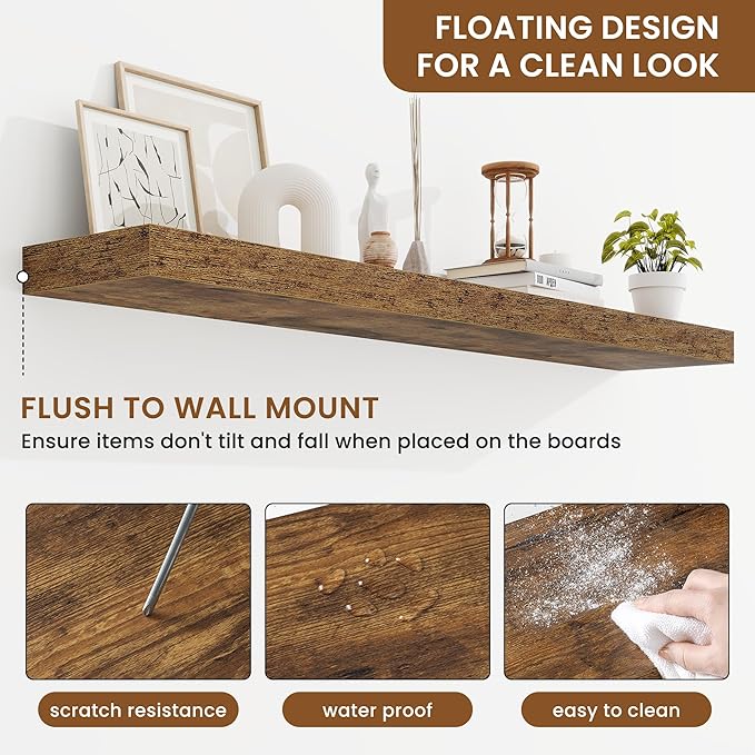 fuqing Floating Shelves for Wall, Bathroom Shelf Wall Mounted for Storage, Shelves with Invisible Bracket for Bedroom, Kitchen, Living Room, Farmhouse Small Book Shelf, 48 Inch Set of 2, Rustic Brown
