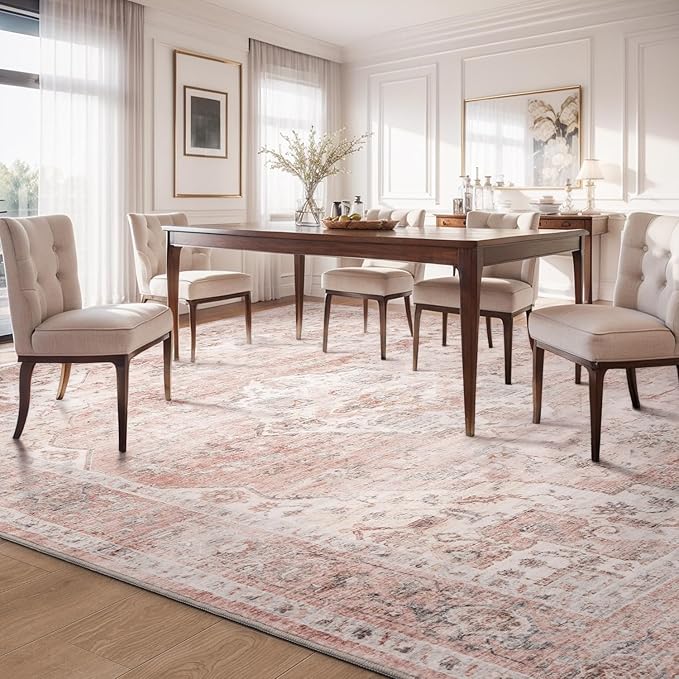 AMOAMI-Area Rug 9X12 Rugs for Living Room-Vintage Soft Pink Rugs for Bedroom-Non Slip Carpet-Washable Rug for Dining Room Living Room Bedroom Office Under Table