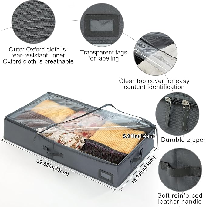 6-Inch Under Bed Organizer, Under Bed Storage Container, Under Crib/Couch Storage, Underbed Storage Box for Seasonal Clothing, Sweaters, Shoes, Blankets, Wrapping Paper & Toys 33" L×17" W×6" H