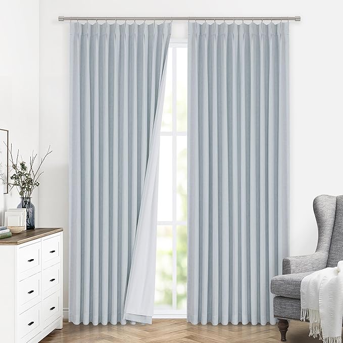 Vision Home Blue Fog Pinch Pleated Full Blackout Curtains Linen Blended Room Darkening Window Curtains 63 inch for Living Room Bedroom Thermal Insulated Pinch Pleat Drapes with Hooks 1 Panel 60"Wx63"L