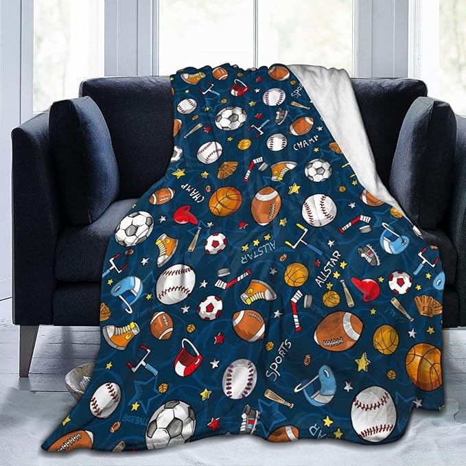 Baseball Football Basketball Sport Theme Throw Blanket 50x40 Inch Soft Fleece Blanket Men Women Gift for Kids Boys Girls for Party Couch Sofa Bed Deco Blankets