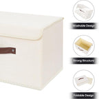 ANMINY 2PCS Storage Bins with Lid PU Leather Handles Storage Boxes PP Plastic Board Decorative Foldable Lidded Cotton Linen Fabric Home Cubes Baskets Closet Organizer Containers - Beige, Large Size