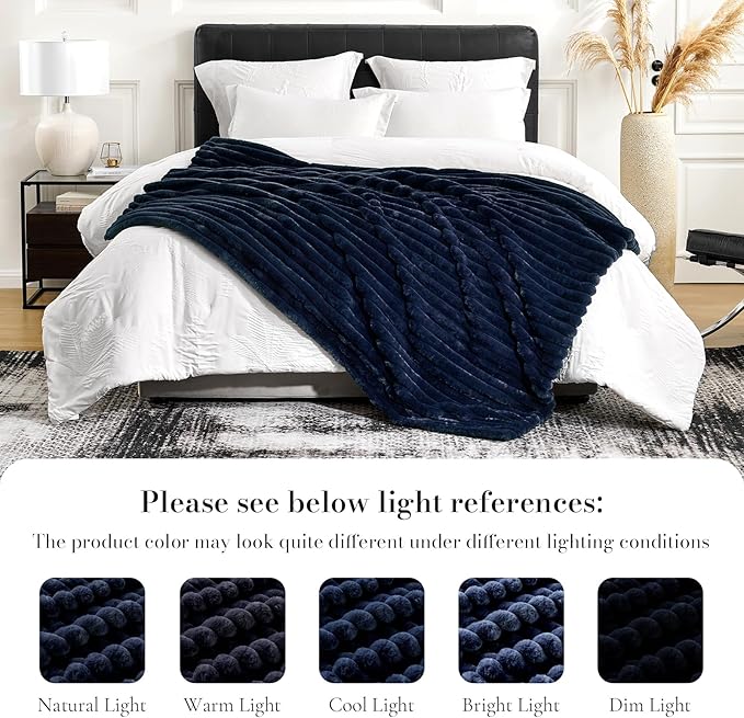 Amélie Home Faux Fur Throw Blanket for Couch, Cozy Fuzzy Fluffy Fur Luxurious Soft Striped Plush Gift Blankets for Family Sofa Chair Bed Living Room Bedroom, 55"x70", Navy Blue