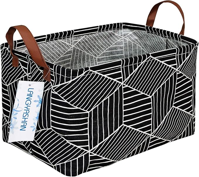 LANGYASHAN Rectangular Storage Bin Collapse Canvas Fabric Cartoon Storage Basket with Handles for Organizing Home Kitchen Boys and Girls Toys Office Closet Shelf Baskets (Black Diamond)