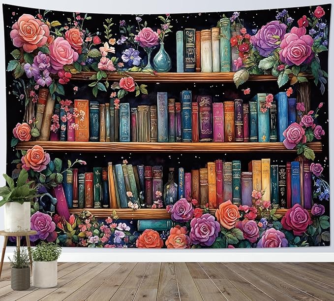 HVEST Bookshelf Tapestry Wall Hanging Pink Floral Green Leaf Watercolor Plant Botanical Aesthetic Wall Decor Vintage Library Book Tapestry for Bedroom Living Room Dorm, 60L x 80W Inches