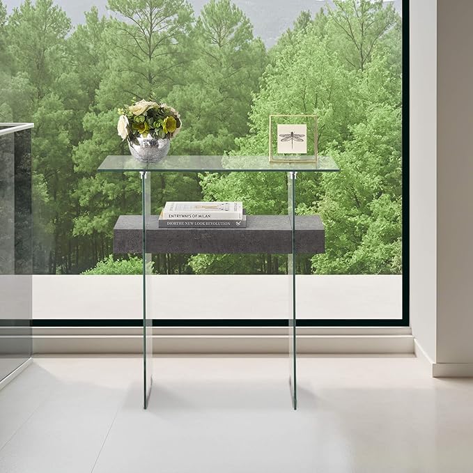ivinta Narrow Glass Console Table with Storage, 31.5'' Modern Entryway Table with Storage Shelves for Living Room, Hallway, Foyer, Bedroom 5103 (Gray)
