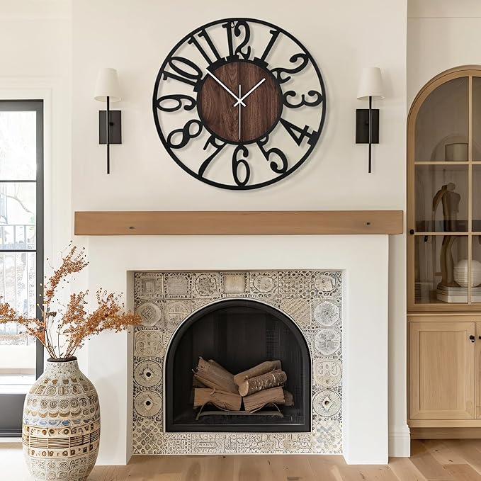 Maxstar Round Wall Clock for Living Room Decor Battery Operated Non Ticking Silent Vintage Black Metal Wood Clocks for Home Living Room Garden Farmhouse Office Kitchen Decoration -20 inch