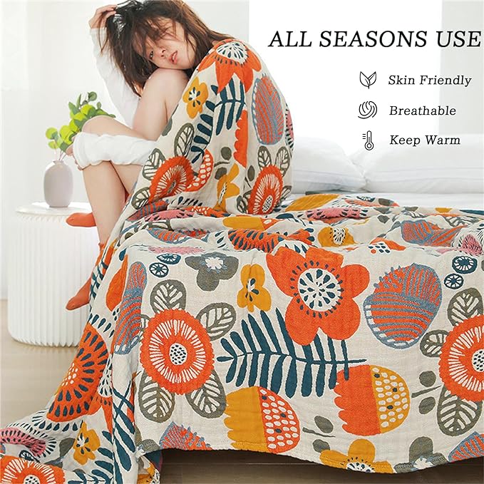 Boho Throw Blanket 60''x80'' for Bed Couch, Floral Muslin Bed Blankets Boho Quilt Travel Mexican 100% Cotton Super Soft Summer Blanket Picnic Blankets