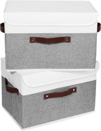 ANMINY 2PCS Storage Boxes with Lid Washable Decorative Storage Bins Basket with PU Leather Handle Foldable Linen Fabric Storage Cubes Containers for Home Closet Organizer - Gray White, Large Size