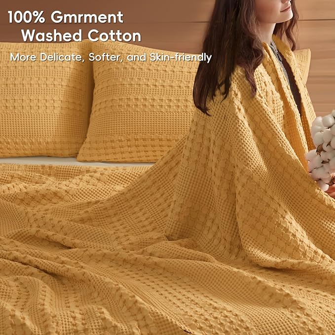 PHF 100% Cotton Waffle Weave Blanket Twin Size, Soft Lightweight Breathable Cozy Summer Blankets for Bed, Luxury Aesthetic Woven Bedding for Home Decor, 66"x90", Ginger/Honey Yellow