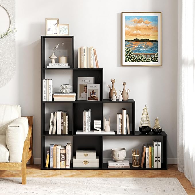 Tangkula 4-Tier Stepped Bookshelf, Freestanding 6 Cubes Ladder Bookcase with Anti-Tipping Kits, 64" Tall Modern Wooden Storage Display Rack for Home Office Living Room Study (2, Black)