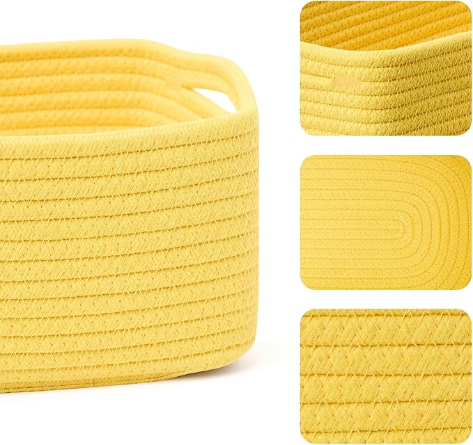Small Storage Baskets for Organizing | Closet Organizer Bins | Shelf Toy Basket | Woven Rope Baskets | Cube Decorative Box | Shallow Basket | 13x8.5x5.1” | 4 Packs Yellow