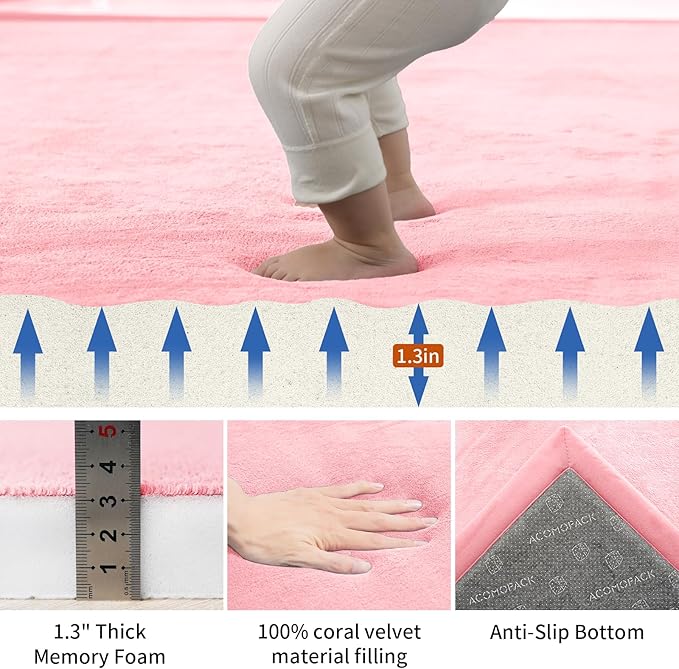 ACOMOPACK Baby Play Mat for Floor,1.3" Thick Memory Foam Area Rug for Living Room,Soft Velvet Crawling with Non-Slip Bottom for Kid,Toddler,59"×71" Tummy Time Nursery Rugs,Yoga（Pink）