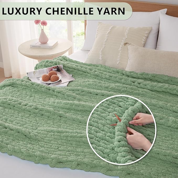 L'AGRATY Chunky Knit Blanket Throw: 80''x90'' Chenille Chunky Knitted Throw Blanket for Bed Couch - Handmade Thick Big Cable Knit Blanket - Large Chunky Crochet Blanket for Home Decor(Sage Green)