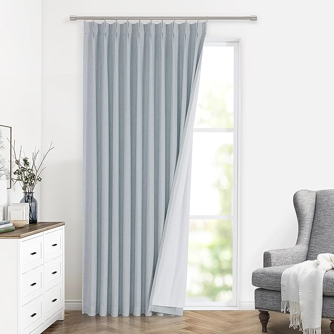 Vision Home Blue Fog Pinch Pleated Full Blackout Curtains Linen Blended Room Darkening Window Curtains 84 inch for Living Room Bedroom Thermal Insulated Pinch Pleat Drapes with Hooks 1 Panel 60"Wx84"L
