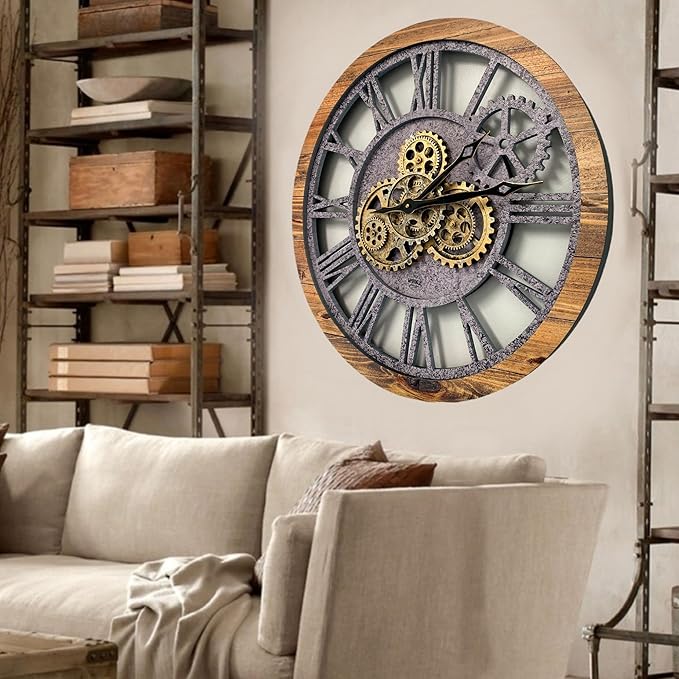 The Gears Clock The Original Real Moving Gear Wall Clock Vintage Industrial Oversized Rustic Farmhouse (24 inch (60cm),Wood&Stone)