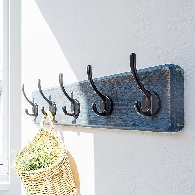Dseap Coat Rack Wall: Patented, Heavy-Duty, 5-Double-Hooks Wooden Wall Mounted Coat Rack Coat Hanger Hook Rail for Winter Coats Hat Jacket Clothing, Weathered Blue, Pack of 2