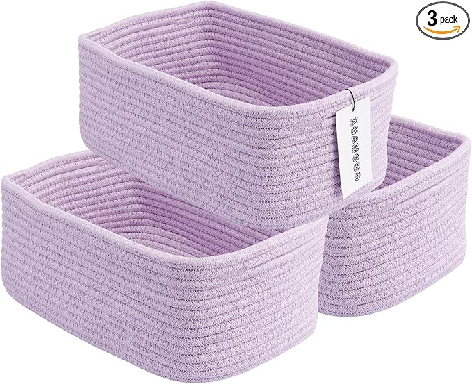Small Woven Storage Baskets 12“X8”X5“ Decorative Rope Bins for Organizing Shelves, Closets, and Toys, Empty Gift Baskets, Cute Organizer Basket for Home and Office (purple, regular)