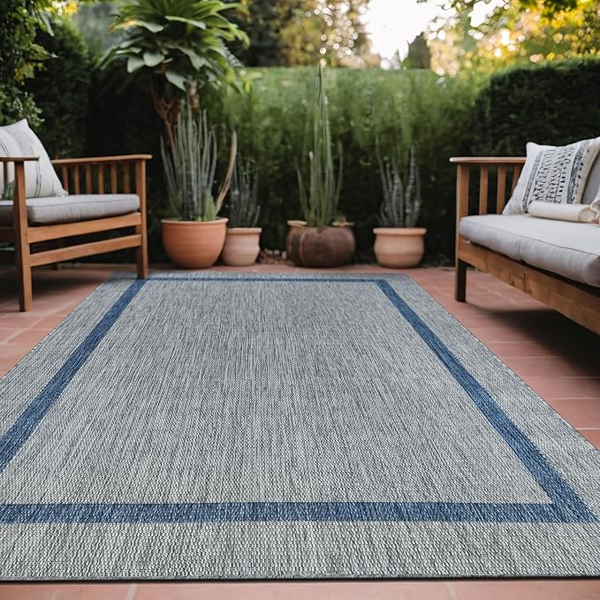 Bordered Outdoor Rug 9x12 Washable Outside Carpet for Indoor Patio Porch Waterproof Easy Cleaning Non Shedding Area Rugs Silver Gray - Blue 9 x 12