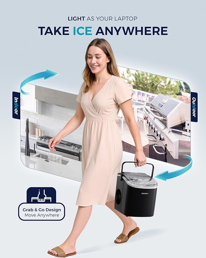 EUHOMY Countertop Ice Maker Machine with Handle, 26lbs in 24Hrs, 9 Ice Cubes Ready in 6 Mins, Auto-Cleaning Portable Ice Maker with Basket and Scoop, for Home/Kitchen/Camping/RV. (Black)