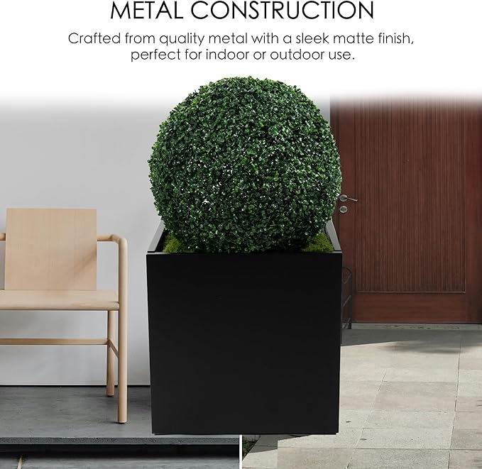 Kozyard 20'' Cube Metal Planter Steel Planter Box Black Steel Flower Pot with Saucer Partition Panel for Trees Plants Flowers Indoor Outdoor Garden Patio Deck Yard