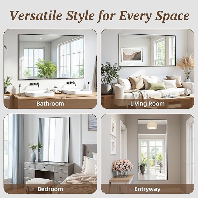 Bathroom Mirror 55" x 30", Large Rectangle Wall Mirror, Black Metal Frame Wall Mounted Mirrors for Bathroom, Vanity, Bedroom, Entryway Decor(Horizontal/Vertical)