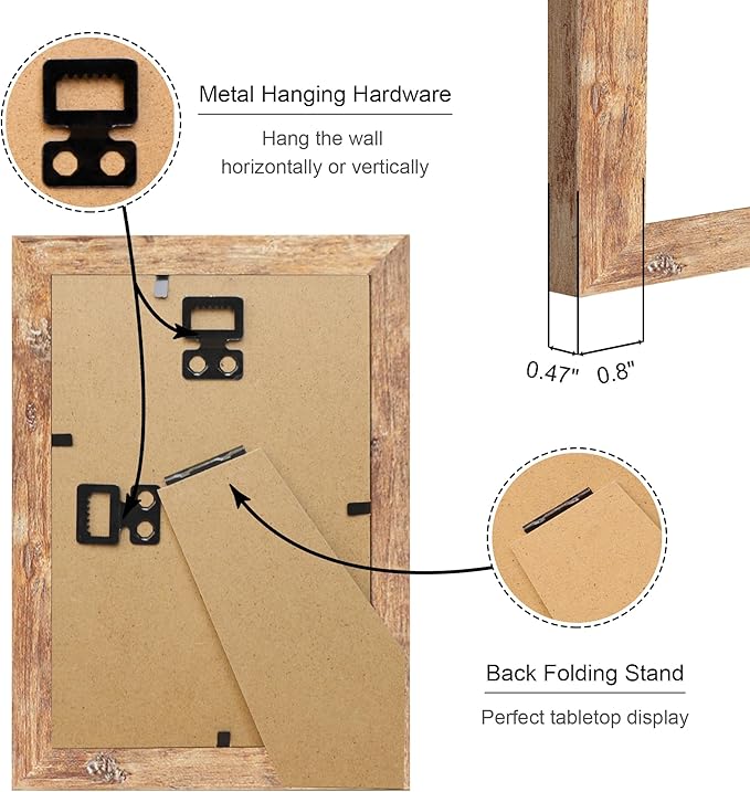 4x6 Picture Frame Set of 4, 4 x 6 Wood Photo Frames with Mat for 3.5x5, Natural Wooden Frame with Real Glass Cover for Wall and Tabletop Display,Brown