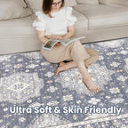 Washable Area Rugs for Living Room -8x10 Neutral Vintage Distressed Floral Farmhouse Boho Large Soft Floor Rug Indoor Non Slip Carpet for Living Room Bedroom Dining Room Office - Denim Blue/Grey