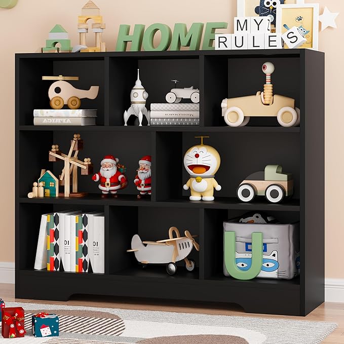 Book Shelf, 8 Cubes Storage Organizer, 3-Tier Open Shelf Wooden Bookcase, Freestanding Black Bookshelf Cube Shelf for Bedroom, Living Room, Home Office