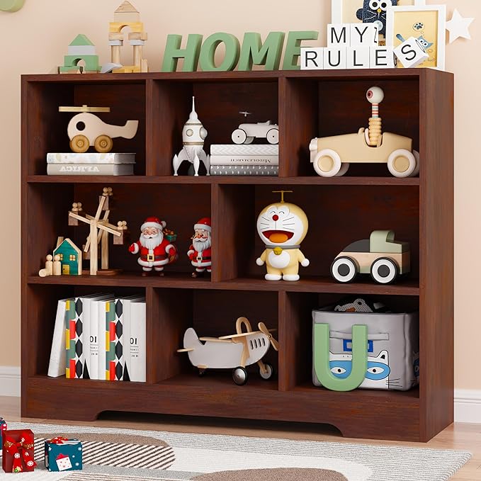 Book Shelf Set of 2, 8 Cubes Storage Organizer, 3-Tier Open Bookshelf Wooden Bookcase, Freestanding Cherry Bookshelf Cube Shelf for Living Room