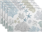 Summer Linen Placemats Set of 4 Nautical Coastal Theme Washable Non-Slip Heat Resistant Table Place Mat 12×18 Inch Ocean Beach Blue Grey Coral Starfish Place Mats for Kitchen Dining Table