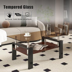 39" Brown Glass Coffee Table Walnut Modern Living Room Center Table Rectangle, with Wooden MDF Storage Layer, Black Metal Leg, for Small Apartment and Office, Brown