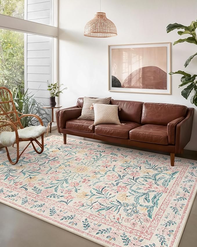Wonnitar Machine Washable 5x7 Nursery Rug, Pink Rugs for Bedroom Girls, Boho Soft Floral Carpet Non Slip, Indoor Ultra-Thin Floor Carpet for Kid Room Living Room Dorm