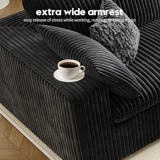 118" Cloud Couch Modular Sectional Sofa for Living Room,Modern Sofa with Deep Seat，3 Seater Boneless Couch,Comfy Upholstered Corduroy Couches for Apartment, Studio, Office,Bedroom，Black