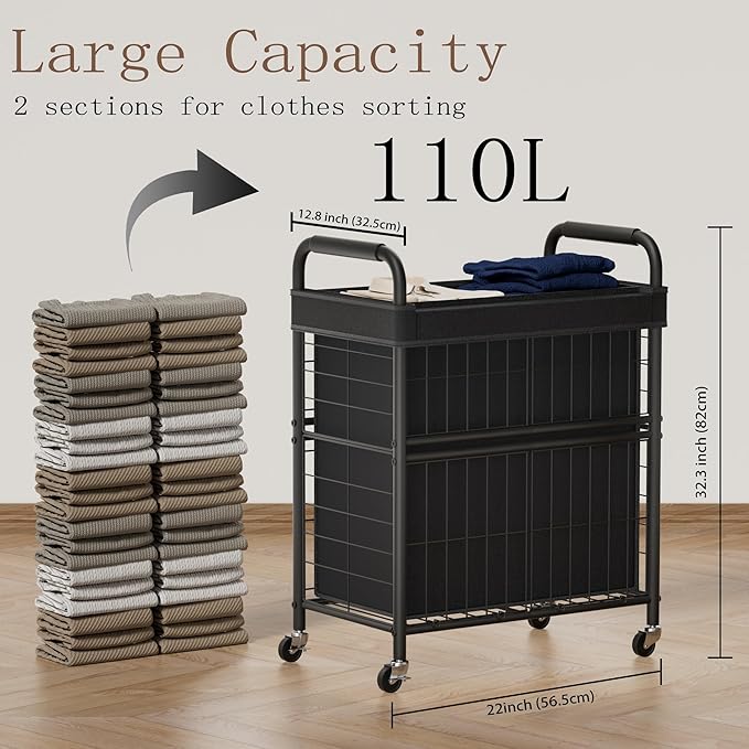 Laundry Hamper 2 Section, 110L Rolling Laundry Sorter Basket with Wheels, 2 Compartment Clothes Organizer Cart, Pull-Out Removable Bags for Laundry Room, Bathroom, Bedroom, Black