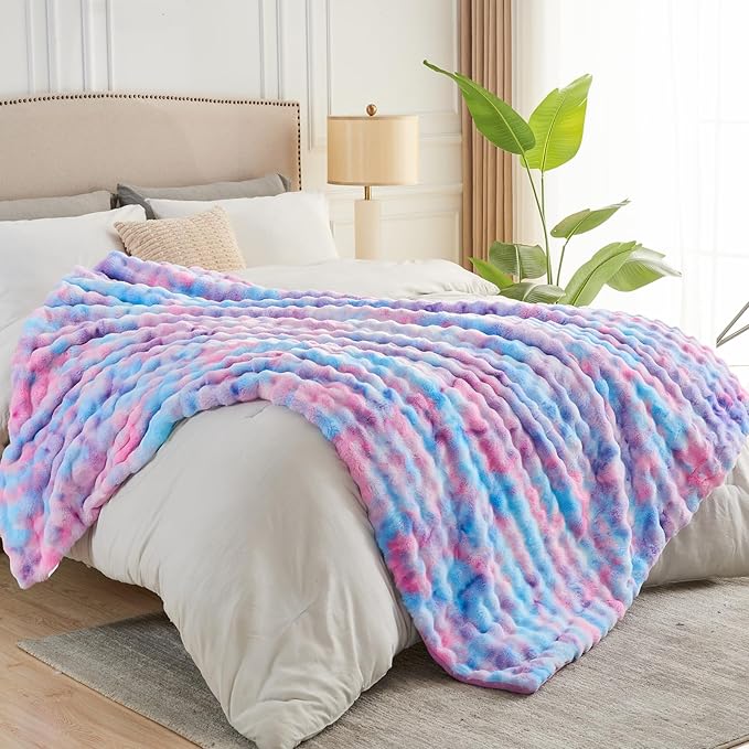 NEWCOSPLAY Faux Fur Twin Blanket Purple Rainbow Luxury Fluffy Thick Warm Bubble Blanket for Couch Sofa Bed 700GSM (Purple Rainbow, Twin(60"x80"))