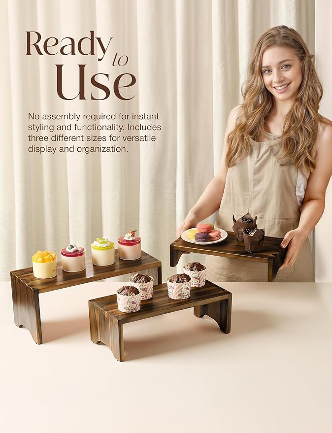Acacia Wooden 3 Tier Cupcake Stand - Risers for Display for Food Buffet Risers and Stands – Food Stands for Display Party – Acacia Wooden Cupcake Stand - Set of 3 Size (Walnut Color)
