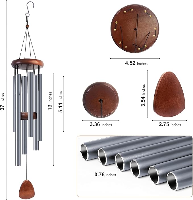 Large Aluminium Wind Chimes 37 Inches to Create a Zen Atmosphere Suitable for Outdoor, Garden, Patio Decoration. Classic Wind Chimes with Wind Catcher Suitable as A Gift for Unisex(Blue Grey)