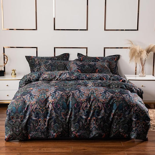 ABREEZE Luxury Vintage Black Duvet Cover Sets Damask Paisley Bedding Set Retro 100% Brushed Cotton Zipper Closure Bedding Collection Twin Size