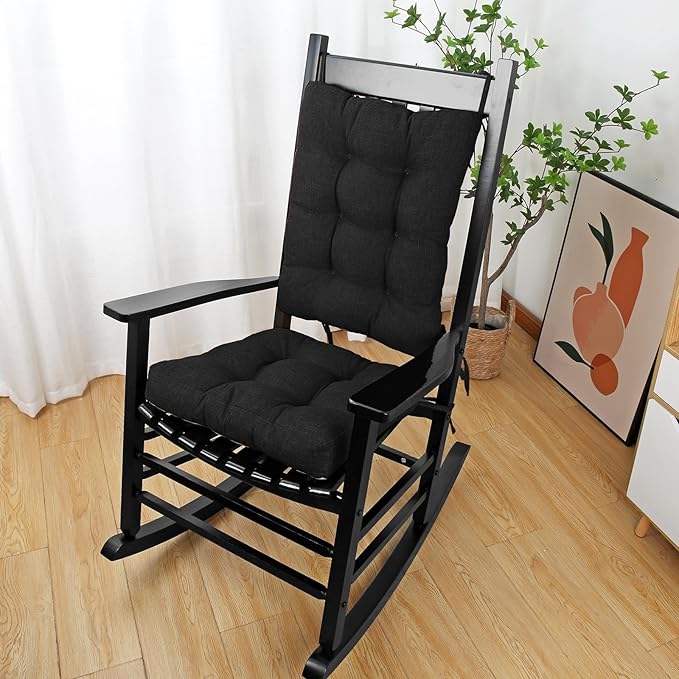 BUYUE Chair Cushion Set for Rocking Chair, Back Pillow & Seat Cushion with Ties, Original Woven Fabric Non-Slip Chair Pads for Elderly Sitting, Black