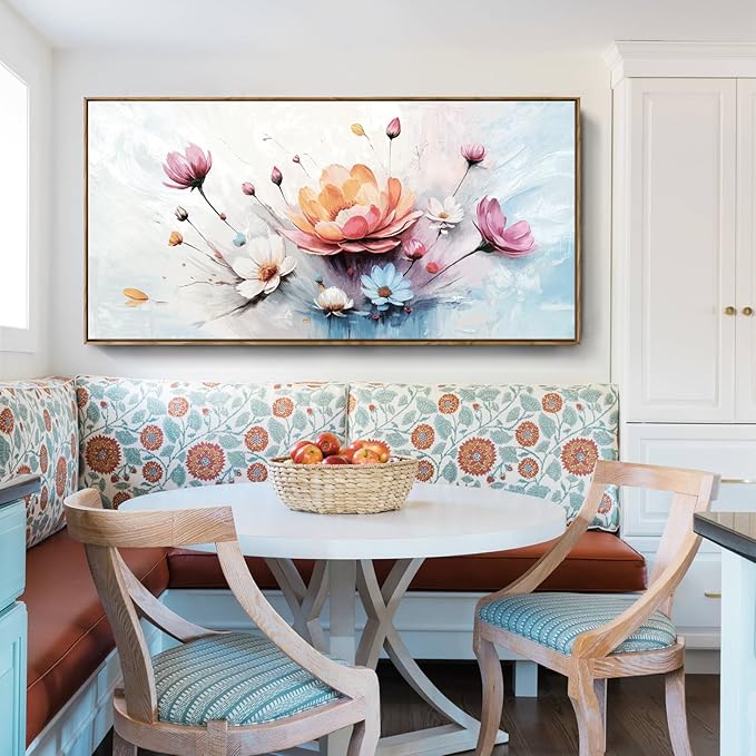 amatop Framed Floral Canvas Wall Art Picture Large Pink Blue Abstract Bloom Bouquet Print with Daisy Peony Elegant Botanical Nature Artwork for Living Room Bedroom Dining Room Entryway Decor 48x24 inch