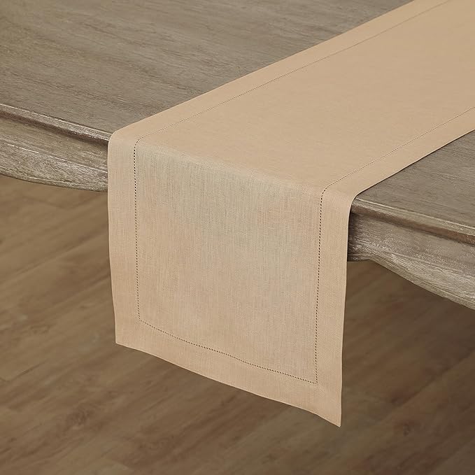 Solino Home Linen Beige Table Runner 120 Inches Long - 100% Pure Linen 14 x 120 Inch Table Runner for Fall, Autumn, Thanksgiving - Classic Hemstitch